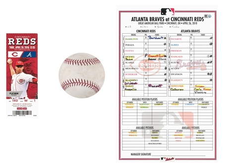 Lot of (3) Items from Ronald Acunas First Career Home Run Game on April 26, 2018 Including Game Used Baseball, Line Up Card, and Full Ticket (MLB Authenticated)